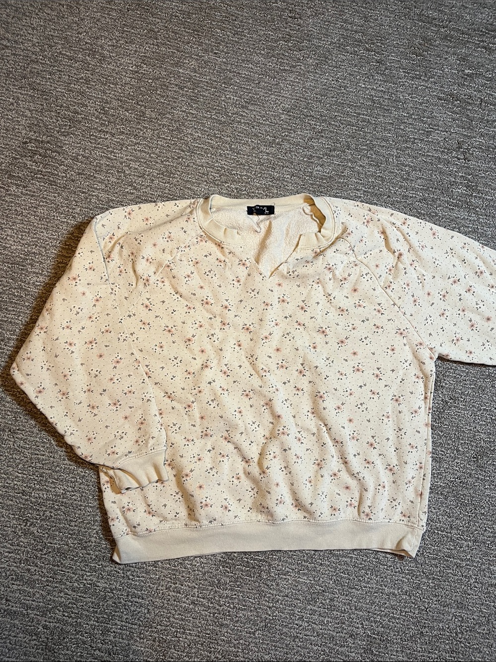 Vinyl Icons Cream Floral Crewneck Sweater with Pink & Green Accents